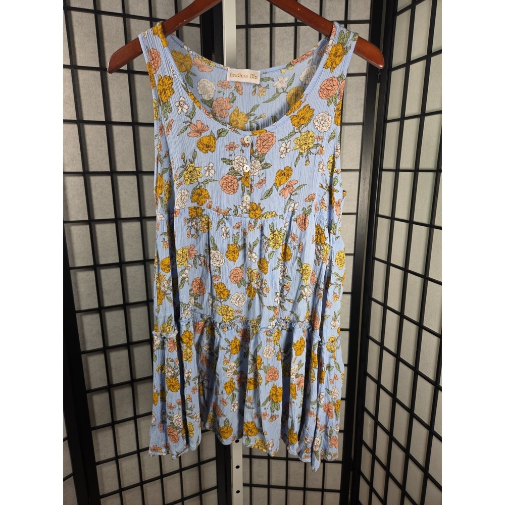 Endless Blu Floral Tiered Babydoll Tunic Top Blue Rayon Sleeveless Small DD0208